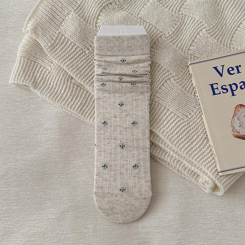 

Женские носки до середины икры для осени и зимы, махровые носки с мелким цветочным узором, женские бесшовные хлопковые носки 1 pair серый/белый