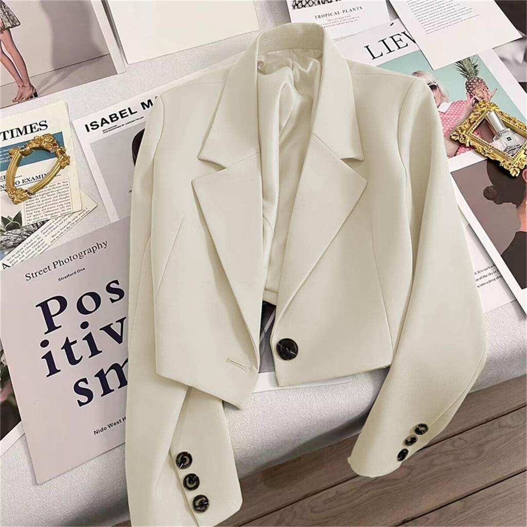 Fashion Cropped Blazers Jacket Women Long Sleeve Office Ladies Streetwear Solid Color Single Button Short Suit Coat