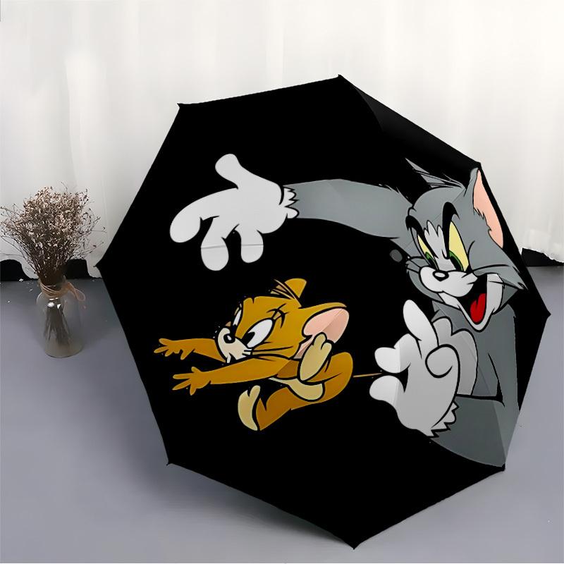 1pc Tom Jerry Automatic Open/Close Folding Umbrella, Windproof 8-Rib Construction, Lightweight Travel Umbrella for Women/Men 27