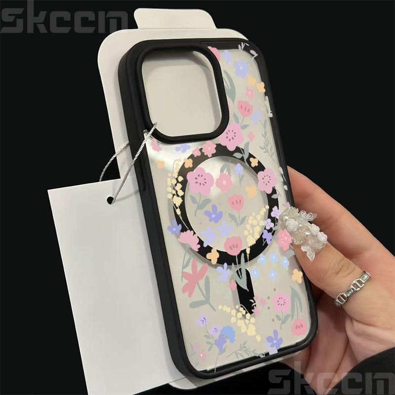 Niedliche Handyhülle mit Blumenmuster für iPhone 16 15 14 Pro Max 11 12 13 Pro 16E XS X XR Matt Magsafe Magnetische Drahtlose Ladeabdeckung