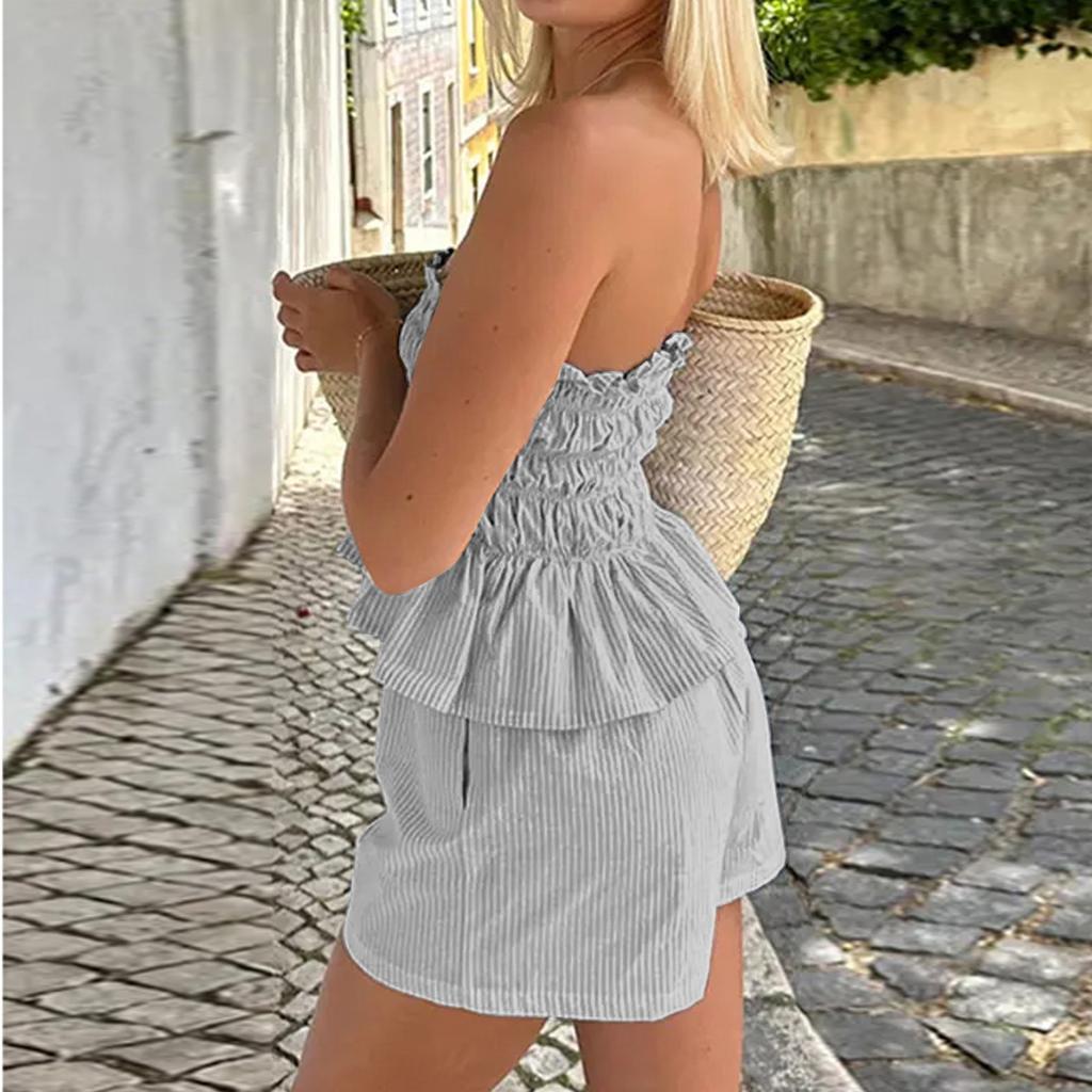 2-teiliges Damen-Outfit-Set, gerüschtes Kurzarm-Oberteil, Hose mit weitem Bein, Trainingsanzug-Sets