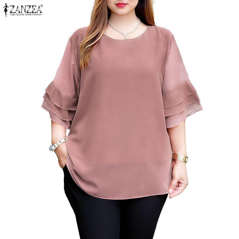 ZANZEA Women Casual Round Neck Solid Color See-Through 3/4 Sleeve Loose Cover Up Blouse