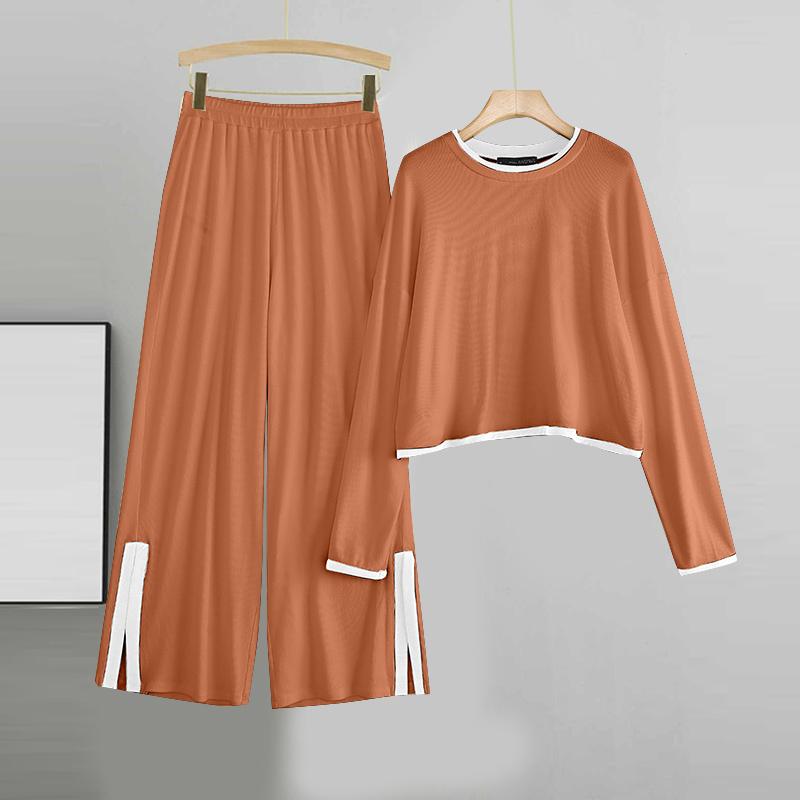 

ZANZEA Women Autumn Round Neck Long Sleeve T-Shirt & Pants Sets 4XL помаранчевий