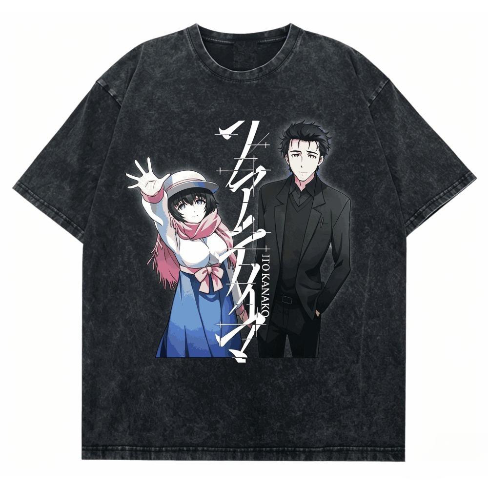 Steinsgate Shirt Vintage Gewaschen Unisex Oversized Anime Streetwear Weiche Baumwolle Kurzarm T-Shirt Geschenk Kleidung Oberteile 2026 Heißer Verkauf
