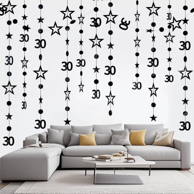 Black 30th Birthday Garland Black 30 Circle Dot Twinkle Star Streamer Hanging Bunting Banner Backdrop for Him/Her 30 Years Old Birthday Party