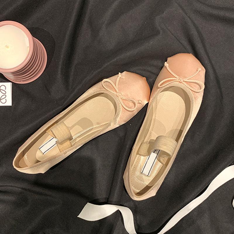 Elastic Band Silk Bowtie Ballet Flats Women Round Toe Pink Bow Loafers Soft Bottom Mary Janes Female Silk Moccasins Big Size 43
