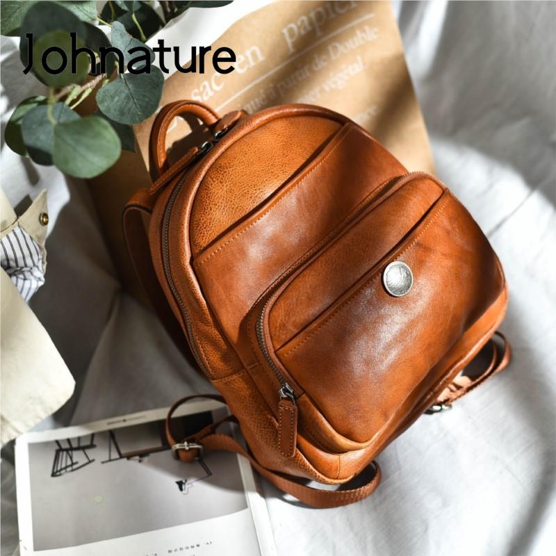 

Рюкзак ручной работы Johnature из натуральной кожи, винтажная женская сумка из натуральной воловьей кожи, простые дорожные рюкзаки большой вместительности