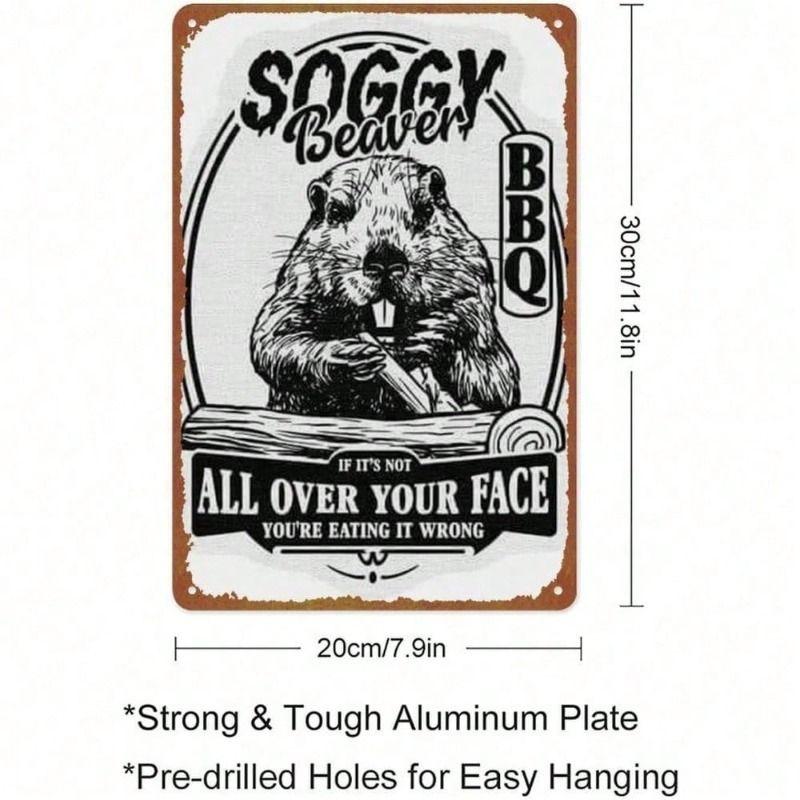 Metal Wall Art Funny Beaver BBQ Poster for Bar