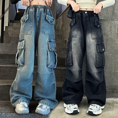 Kinder Vintage Distressed Jeans mit Tasche für Mädchen Y2K Mode High Street Denimhosen Teens Kind Baggy Cargo Jeans Hosen