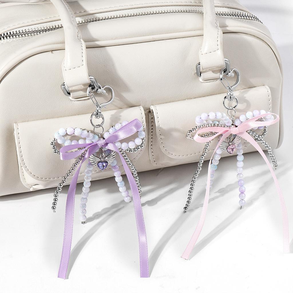 Lovely Ribbon Beads Bowknot Keychain Fashion Statement Key Holder Stylish Purse Embellishment for Various Occasion