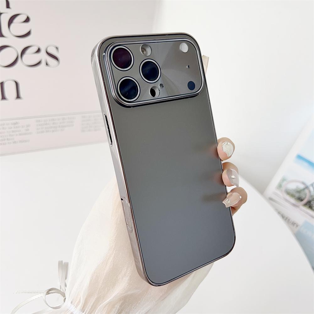 Glass Large Window Lens Protect Case For iPhone 17 16 15 14 13 12 Pro Max Plus Solid Color Shockproof Phone Cover Coque