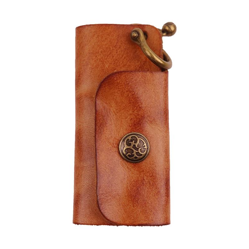 Top Layer Cowhide Vegetable Tanned Leather Key Bag for Men, Retro, Simple, Vintage, Pleated, Hand-held, Mini Keychain for Women