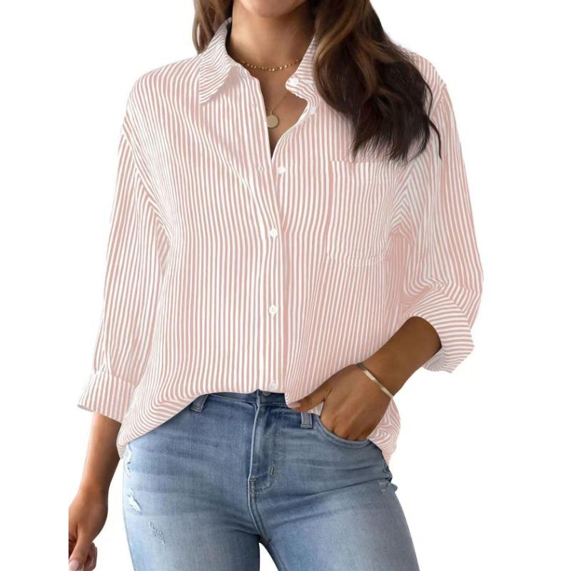 Spring Autumn New Printed Striped Casual Shirts Women Loose Cardigan Top Fashion Long Sleeve Office Blouse Woman Simple Vintage Lapel Pocket Clothes
