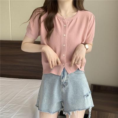Örme Kadın Yazlık Fransız Havalı Stil Yüksek Kaliteli Retro Yuvarlak Yaka Çok Yönlü Kısa Kollu Hırka Üst