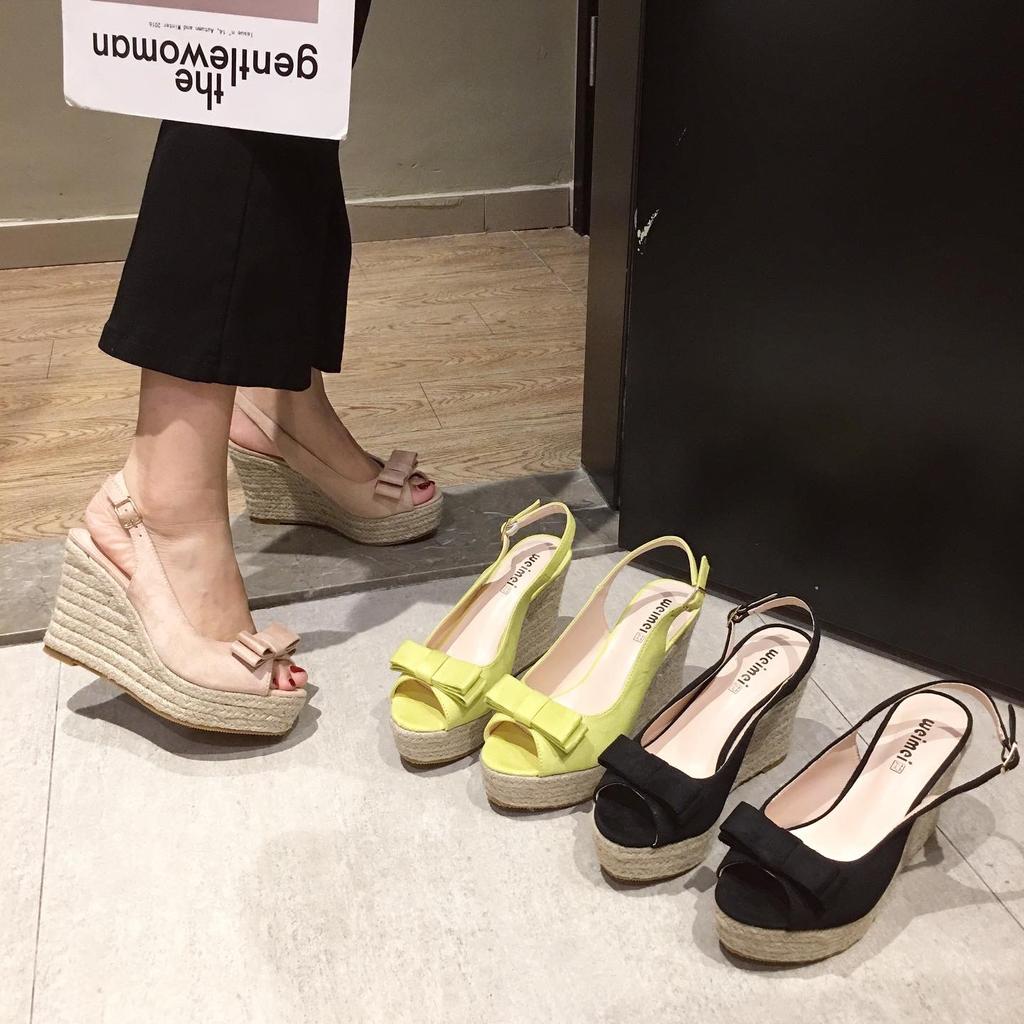 Summer 2025 New Fishmouth Suede Waterproof Platform Thick-Soled Jute Rope Straw Woven Wedge Heel Women'S Shoes