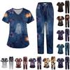 Conjunto de Uniforme de Trabajo para Mujer con Escote en V, Manga Corta y Bolsillos, Estampado de Halloween, 2 Piezas