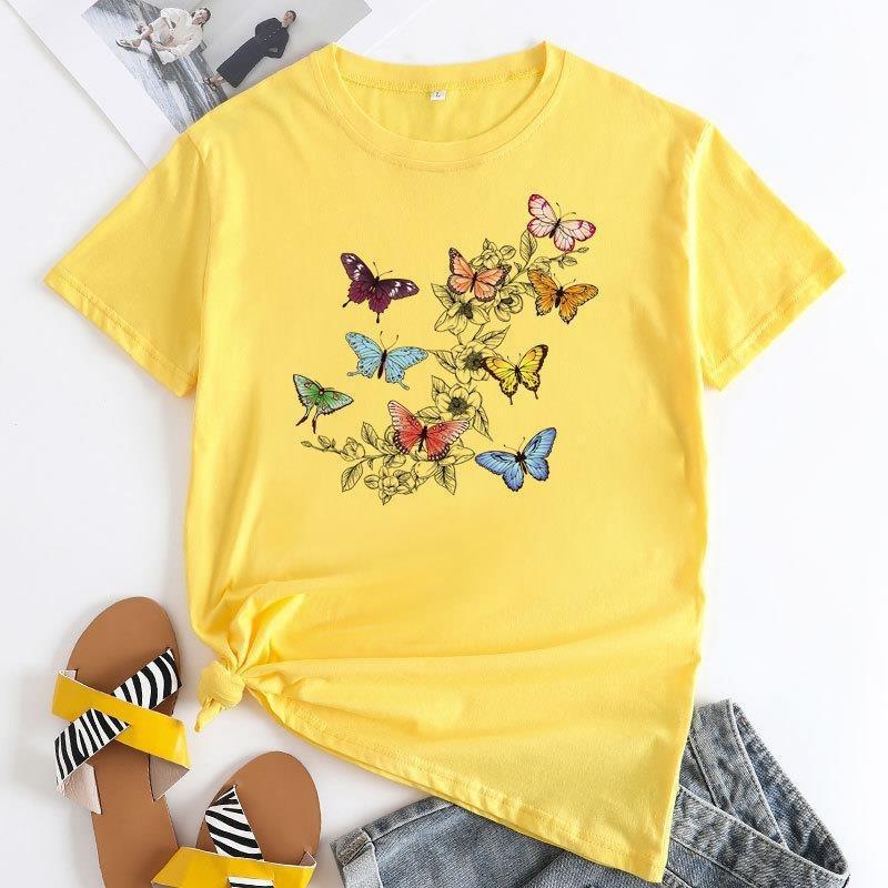 

cotton 100% Women s Europe and The United States Butterfly Print Love Short-sleeved T-shirt Blouse Harajuku Graphic T Shirts S