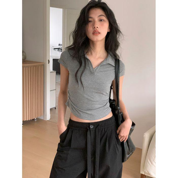 

Summer Slim Pleated V-Neck Gray Women s Polo Collar Top M серый