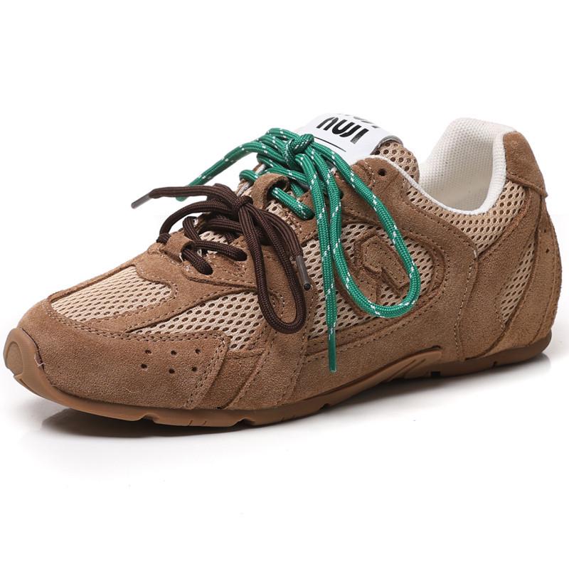 

Женские кожаные кроссовки Dexun осень 2024 года: Двухцветные шнурки, стиль Форреста Гампа, повседневные туфли для папы