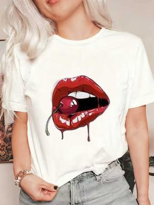 Übergroßes T-Shirt Schwarzer Kirschmund-Print Grafik-Tee Lässig Streetwear Sommer-Outfit Damen Mode Oberteil