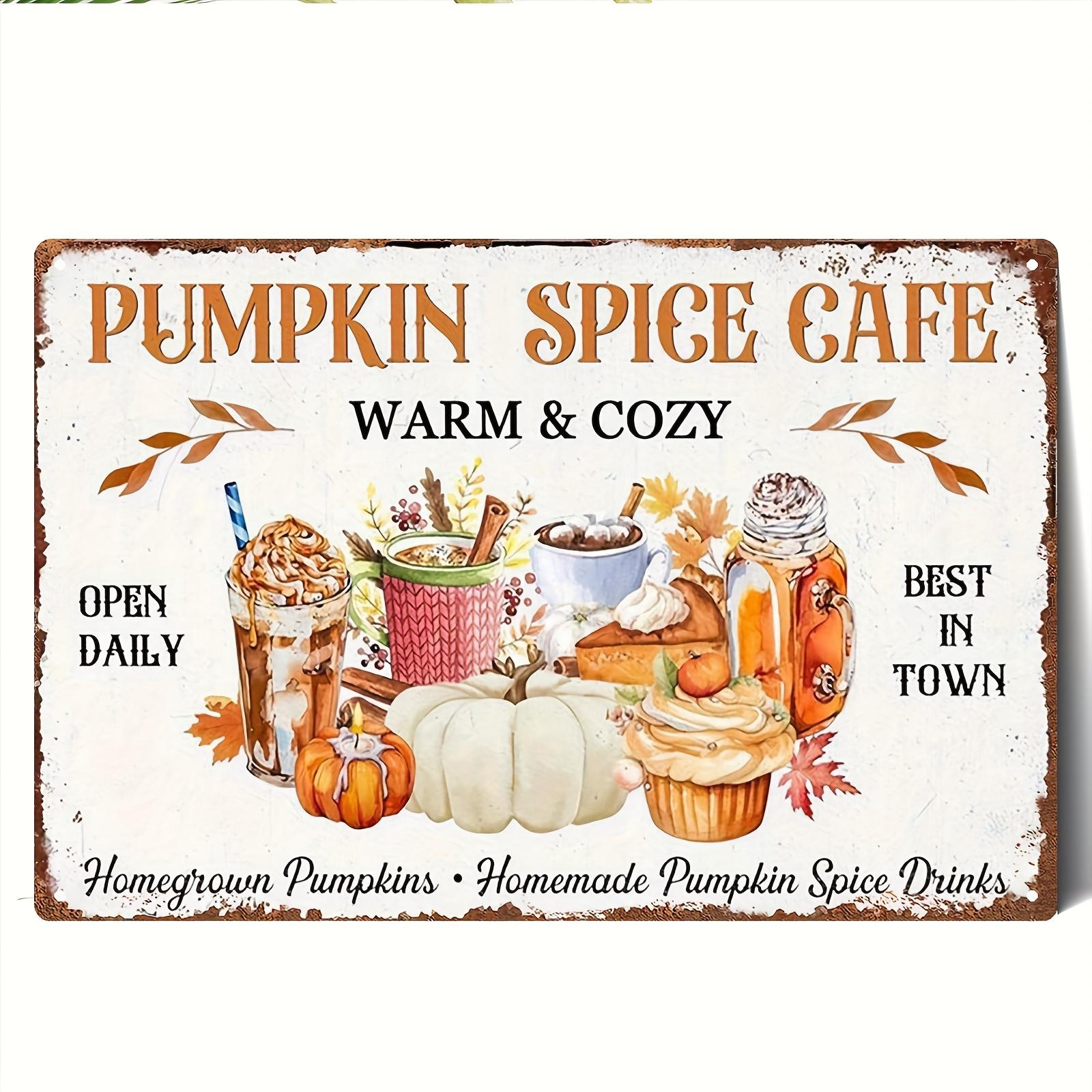 

2D Flat - 1pc Vintage Pumpkin Spice Cafe Metal Sign - 8x12 Inch | Rustic Wall Decor with Coffee, Cupcakes, and Fall Leaves | Per 20x30cm（7.8x11.8inch）