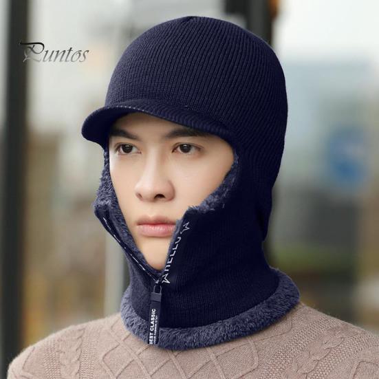 Outdoor Hat Thermal Zipper Opening Fleece Lining Knitting 2 In 1 Men Sport Solid Color Neck Guard Cap for Knitted