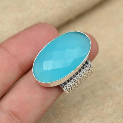 Anello fatto a mano in argento sterling 925 massiccio con pietra preziosa di calcedonio blu, forma ovale