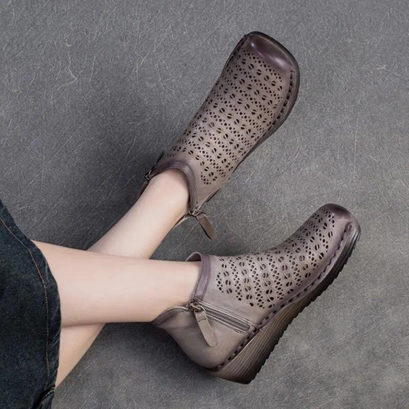 Johnature Genuine Leather Breathable Hollow Out Boots Retro Versatile Comfortable Women's Wedges Shoes