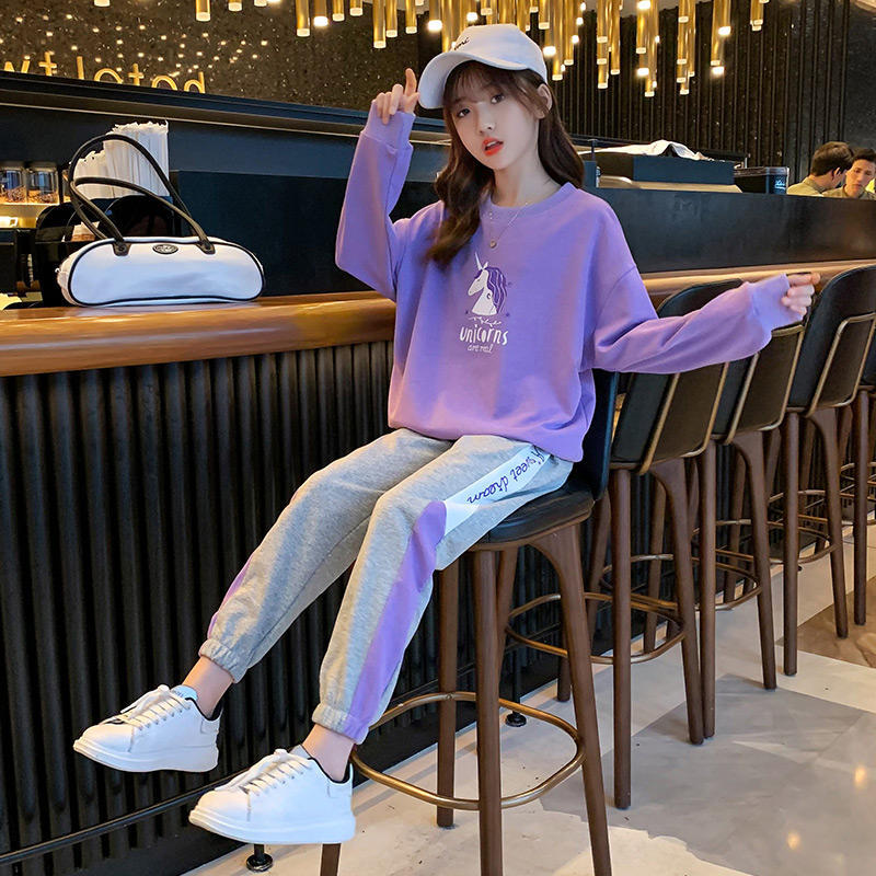 Girls' Spring Suits, Western Style, Fashionable, Big Children's Spring and Autumn Sports and Leisure Children's Sweaters, Two-piece Suit