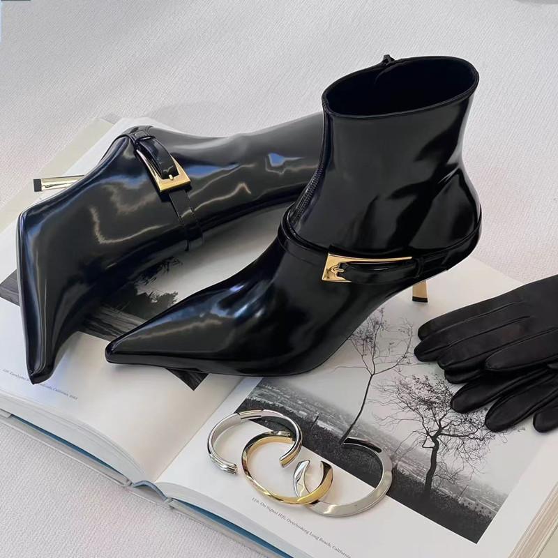 Fashion Star style Fashion Patent Leather Metal Buckle Zip Women Ankle Boots Elegant Thin High heels Autumn Winter Chelsea Boots Shoes