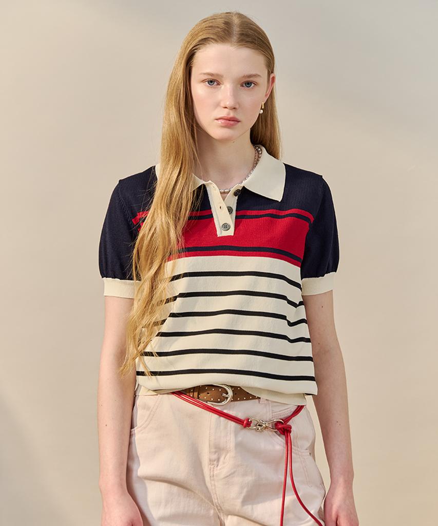 MAXZA Color Block Stripe Collared Short Sleeve Knit