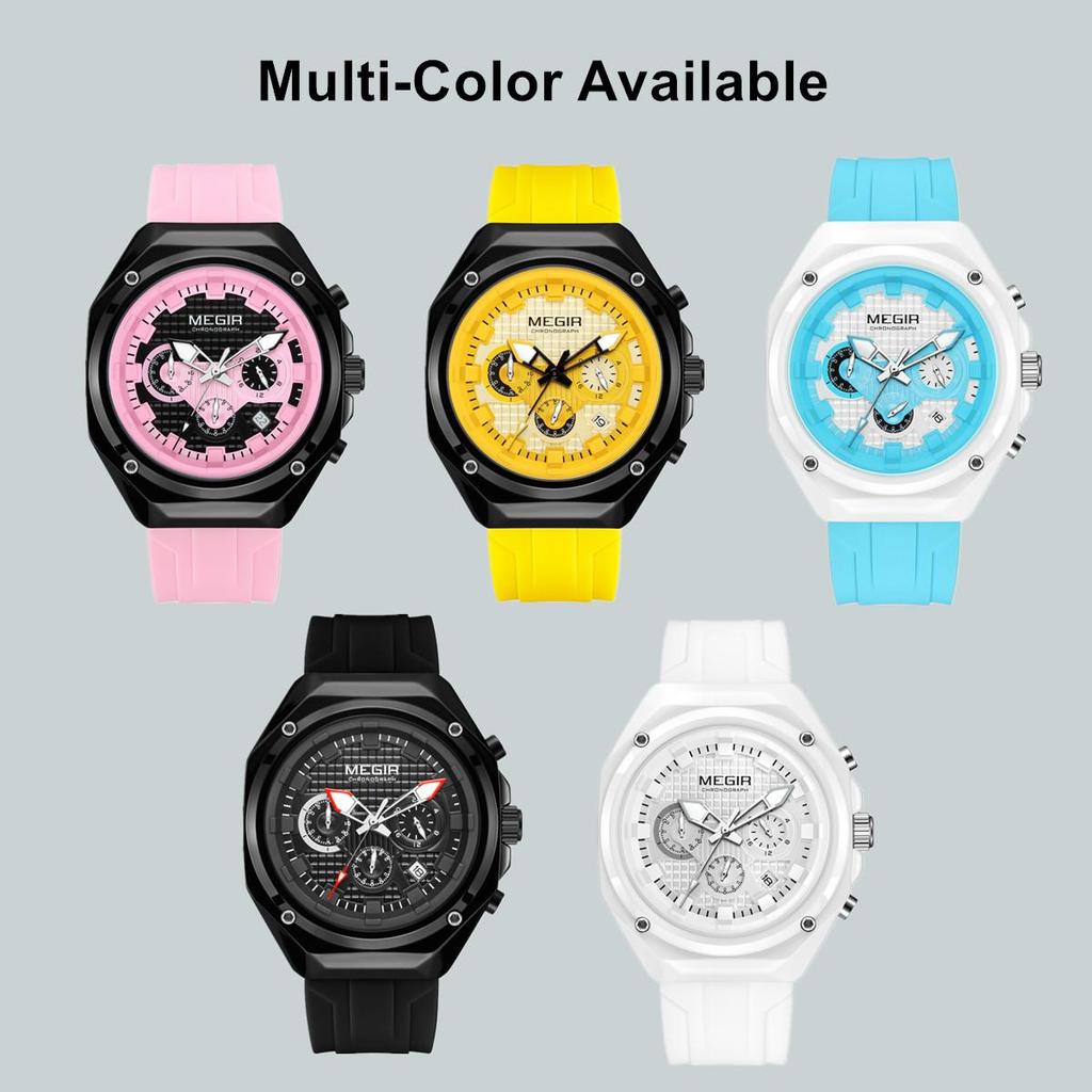 Megir Fashion Sport Watches for Men Silicone Strap Waterproof Military Quartz Chronograph Clock Man Wristwatch with Date 24-hour 8118