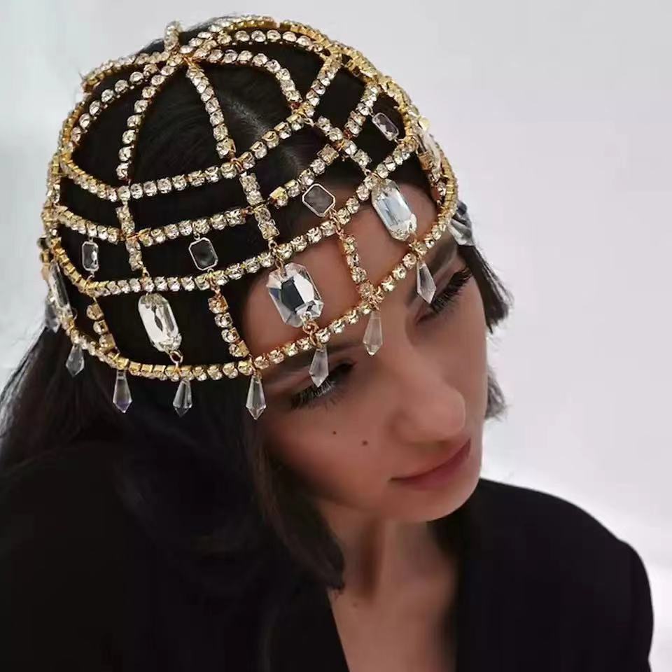 Elegante Fascia con Strass Accessorio per Capelli Moda Donna Cappello Quadrato Retrò Catena Copricapo