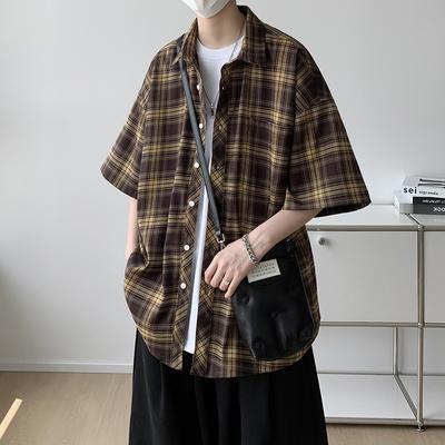 Summer Japanese Plaid Short-sleeved Shirt Men's Retro Loose Casual Five-point Sleeve Shirt American Jacket
