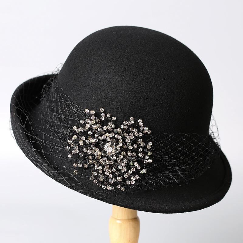 Autumn and Winter Wool Bucket Hat Women's Autumn and Winter Pearl Pot Hat Elegant Bow Temperament Versatile Felt Hat