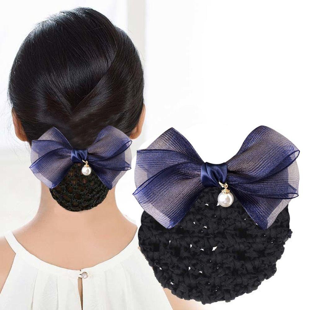 Pearl Pendant Mesh Bow Bun Net Spring Clip Bowknot Hairgrips Net Cover Bowknot Bun Snood  Dance