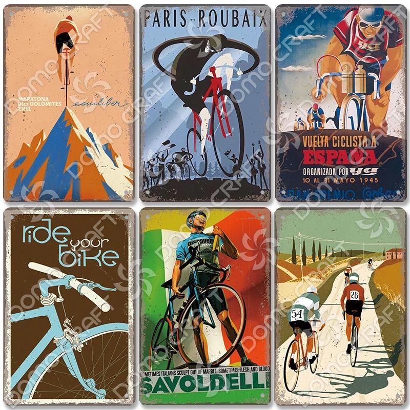 Placa de bicicleta Placa de lata de metal Ciclismo Corrida Vintage Metal Poster Wall Art Decor para Bike Club Garage Man Cave