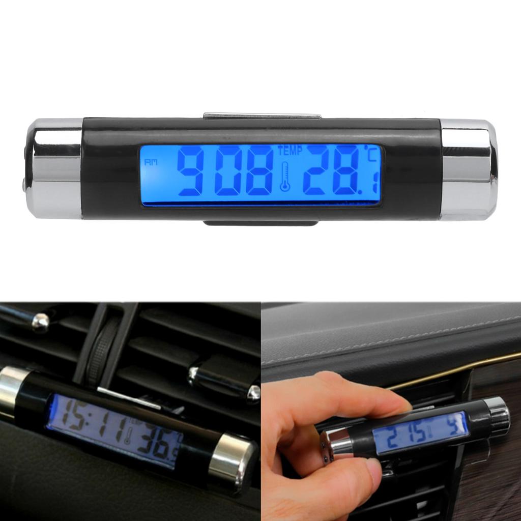 2‑in‑1 Car Digital Thermometer Black Dashboard Blue Backlight Calendar Clock Temperature Gauge