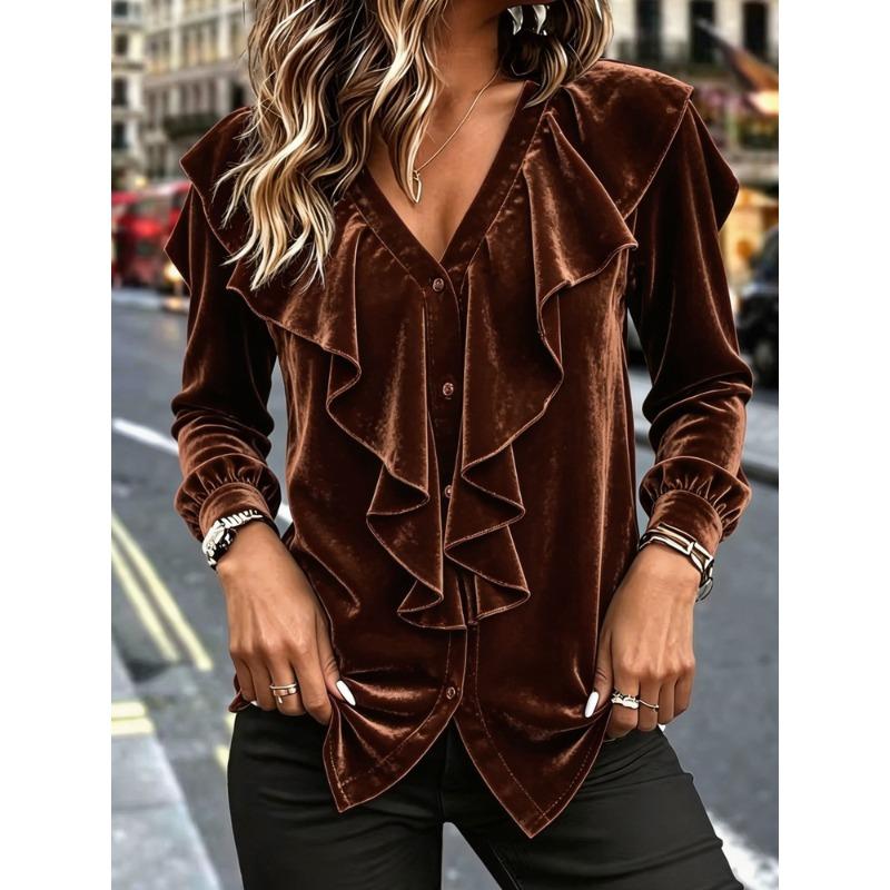 MGHR Damenmode Casual Herbst Winter Langarm V-Ausschnitt Blusen & Hemden