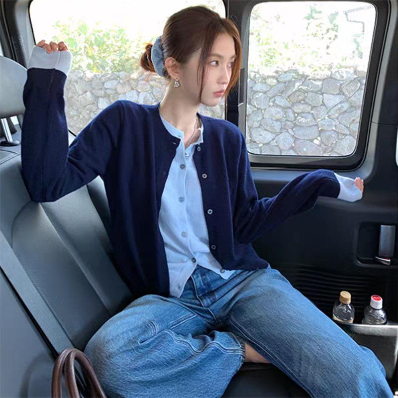 Gentle Korean Retro Knit Cardigan with Faux Two-Piece Design - 2025 Autumn/Winter Wool Sweater