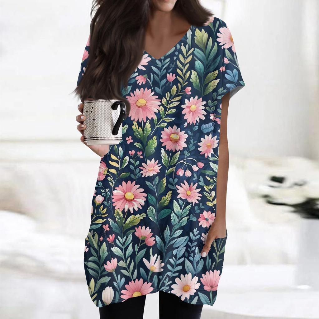 Damen Retro Blumen- und Blätterdruck V-Ausschnitt Midi Tasche Kurzarm Top