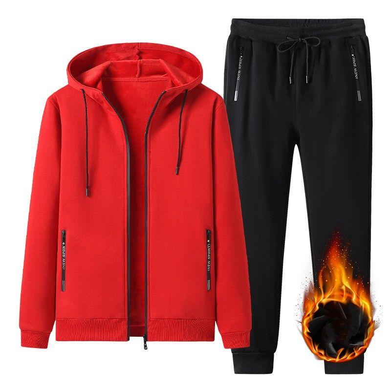 Men's Winter Plush Leisure Sports Set Solid Color Warm Coat+Pants Simple Plus Size Two Piece Set