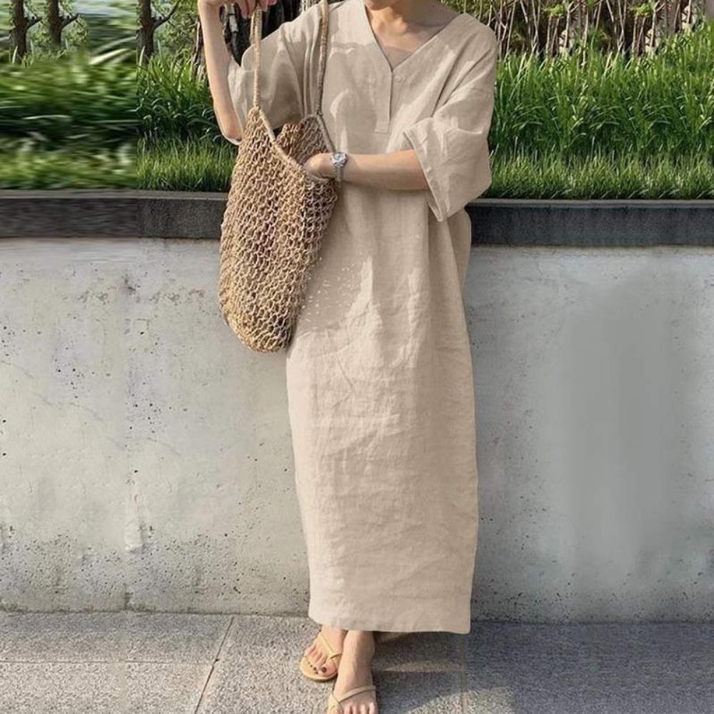 Women's Loose Short Sleeved V-neck Solid Color Long Skirt