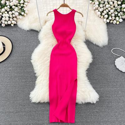Women Dress Sexy Wrap Hips Two Sides Available Split One-Piece Long Dress Fashion Knot Knitted Bodycon Party Robe Femme