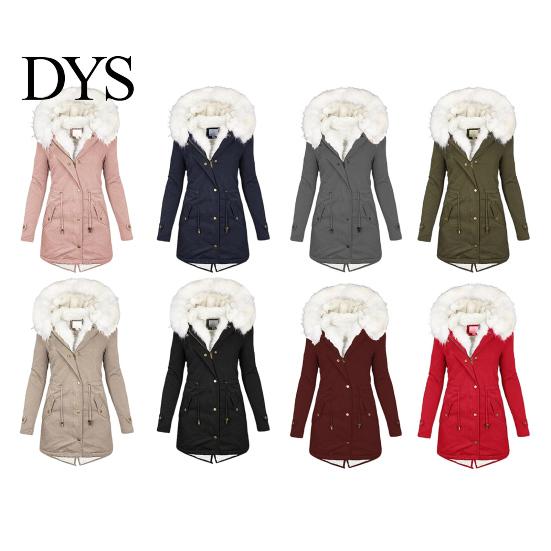 Long Down Jacket Women Winter Cotton Coat Plus Size Faux Fur Hood Fleece-lined Zip-up Temperature Locking Press Button Closure Windproof Mid