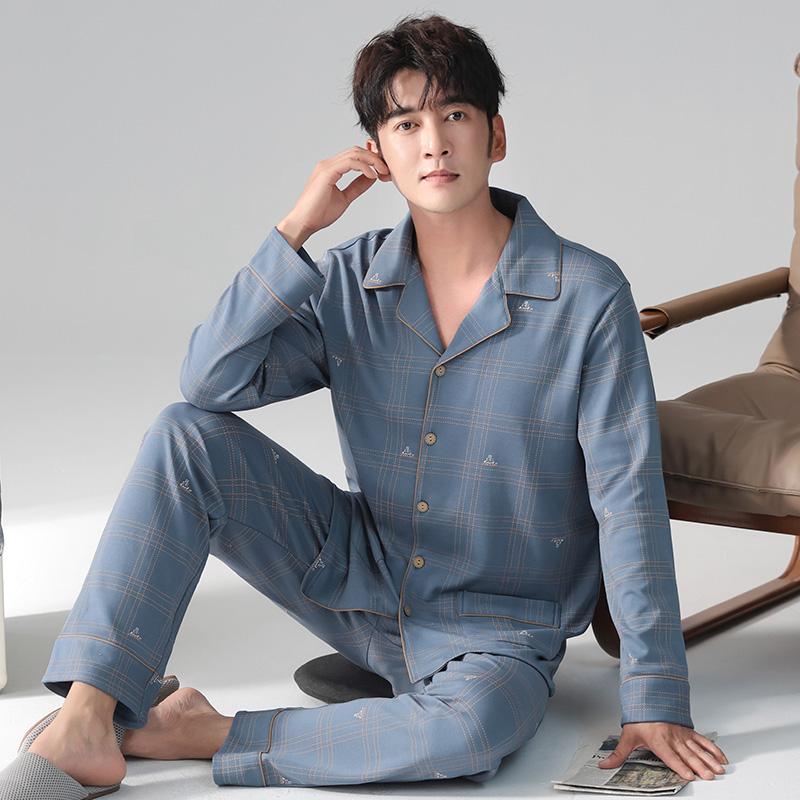 Casual Men Pijama Cotton Nightwear Autumn Spring Homesuit Gentleman Turn-down Collar Sleepwear Boy Pajamas Pyjama Homme Coton