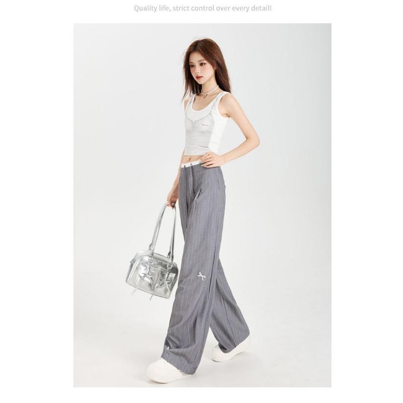 Casual Women's Bow Embroidered Striped Suit Relaxed Gray High Waist Draped Wide Leg Pants