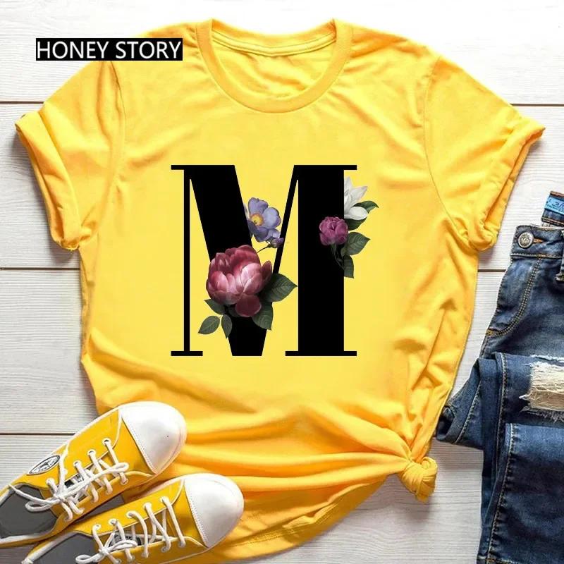 Women's Summer Short Sleeve T-Shirts Fashionable Casual Round Neck 26 English Letters Flower & Name Letter Printed Cotton T-shirts