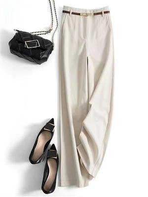 Women's Woolen High-Waisted Wide-Leg Pants with Belt - Elegant, Skin-Friendly, Casual Trousers