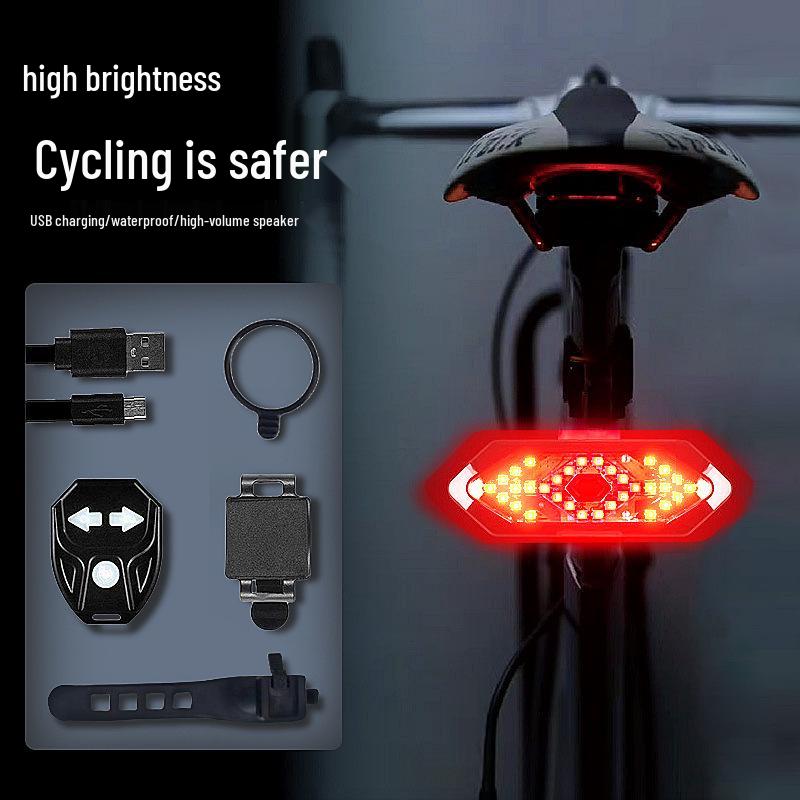 Bicycle LED Taillight with Turn Signal, Horn, Remote Control & USB Charging – Waterproof for Night Riding